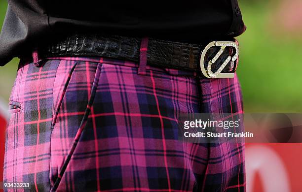 The trousers and belt of Ian Poulter of England during Fourball on the first day of the Omega Mission Hills World Cup on the Olazabal course on...