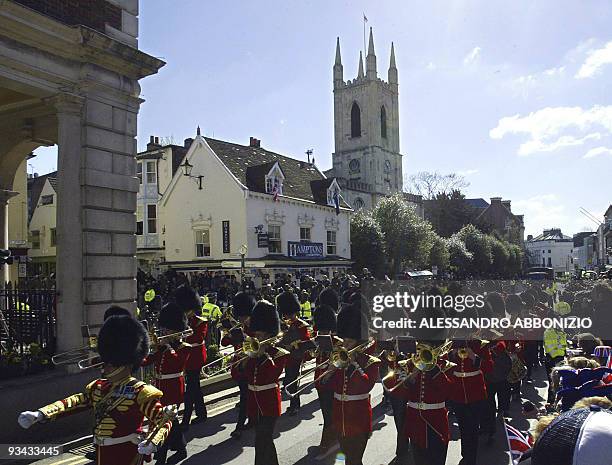 The Coldstream Guards march past The Guildhall before The Royal Wedding between Prince Charles and Camilla Parker Bowles 09 April 2005 before their...