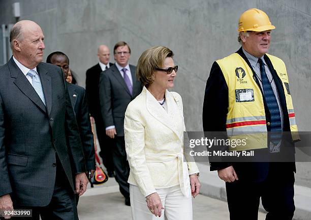 King Harald V and Queen Sonja of Norway visit Green Point Stadium, one of the 2010 FIFA World Cup soccer venues, on November 26, 2009 in Cape Town,...