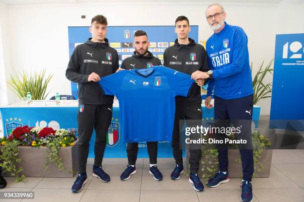 Davide Berttella, Enrico Brignola, Filippo Melegoni and Paolo Nicolato poses a FIGC Elite Round U19 Press Conference on March 19, 2018 in Lignano...