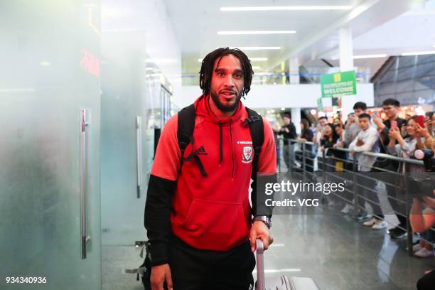 Ashley Williams of Wales arrives at the airport ahead of the 2018 China Cup International Football Championship on March 19, 2018 in Nanning, China.