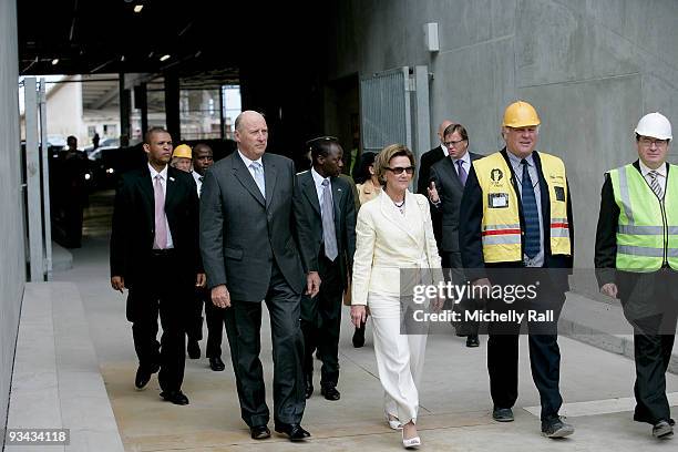 King Harald V and Queen Sonja of Norway visit Green Point Stadium, one of the 2010 FIFA World Cup soccer venues, on November 26, 2009 in Cape Town,...