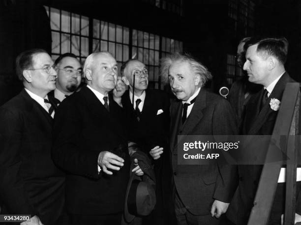 Physicist Albert Einstein, author of theory of relativity inaugurates the world's largest telescope 30 april 1937 with G.H.Froebel, Robert Millikan,...