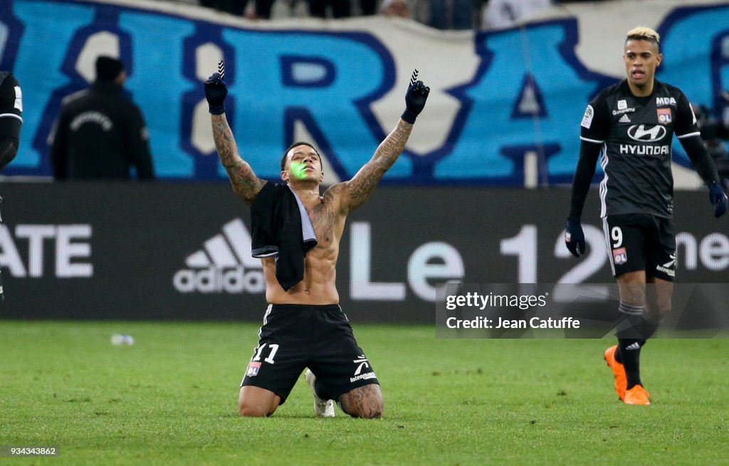 Memphis Depay of Lyon celebrates the winning goal in overtime