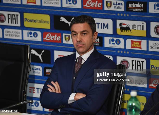 Vice Commissioner Alessandro Costacurta looks on during a press conference at Centro Tecnico Federale di Coverciano on March 19, 2018 in Florence,...