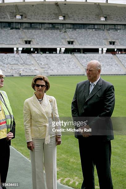 King Harald Vand Queen Sonja of Norway visit Green Point Stadium, one of the 2010 FIFA World Cup soccer venues, on November 26, 2009 in Cape Town,...
