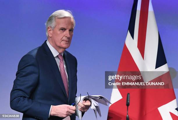 Chief negotiator Michel Barnier addresses a press conference after his meeting with British Brexit minister at the European Commission in Brussels on...