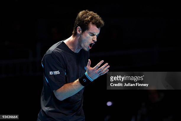 Andy Murray of Great Britain reacts during the men's singles round robin match against Fernando Verdasco of Spain during the Barclays ATP World Tour...