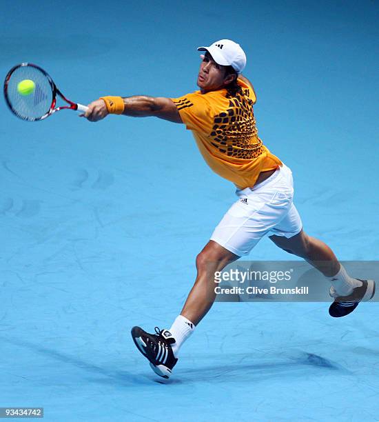 Fernando Verdasco of Spain returns the ball during the men's singles round robin match against Andy Murray of Great Britain during the Barclays ATP...