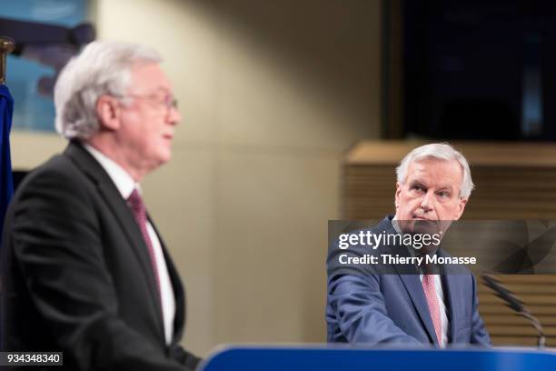 British Secretary of State for Exiting the European Union David Davis and the European Chief Negotiator for the United Kingdom Exiting the European...