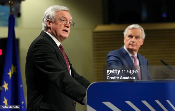 Secretary of State for Exiting the European Union David Davis and European Union's chief Brexit negotiator Michel Barnier hold a joint press...