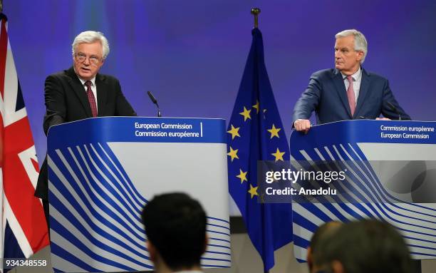 Secretary of State for Exiting the European Union David Davis and European Union's chief Brexit negotiator Michel Barnier hold a joint press...