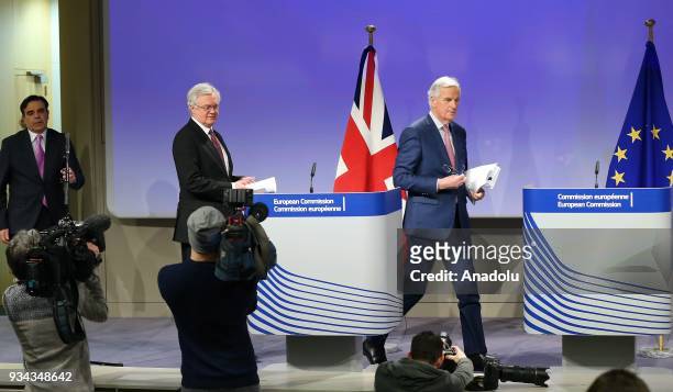 Secretary of State for Exiting the European Union David Davis and European Union's chief Brexit negotiator Michel Barnier hold a joint press...