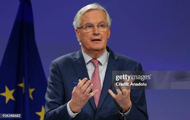European Union's chief Brexit negotiator Michel Barnier and Secretary of State for Exiting the European Union David Davis hold a joint press...