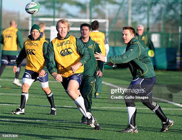 Schalk Burger and John Smit of South Africa in action during the Springbok training session at University Collage Dublin on November 26, 2009 in...