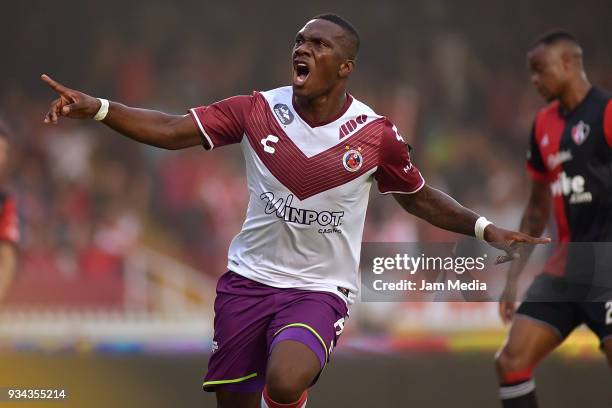 Miguel Murillo of Veracruz celebrates after scoring the first goal of his team during the 12th round match between Veracruz and Atlas as part of the...