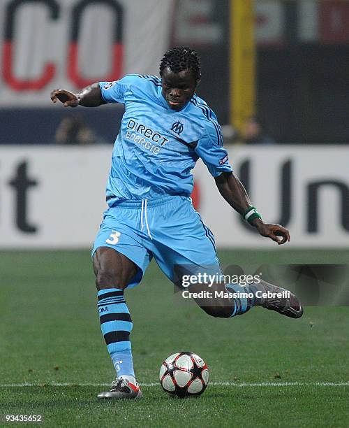 Taye Taiwo of Olympique de Marseille in action during the UEFA Champions League Group C match between AC Milan and Olympique de Marseille on November...