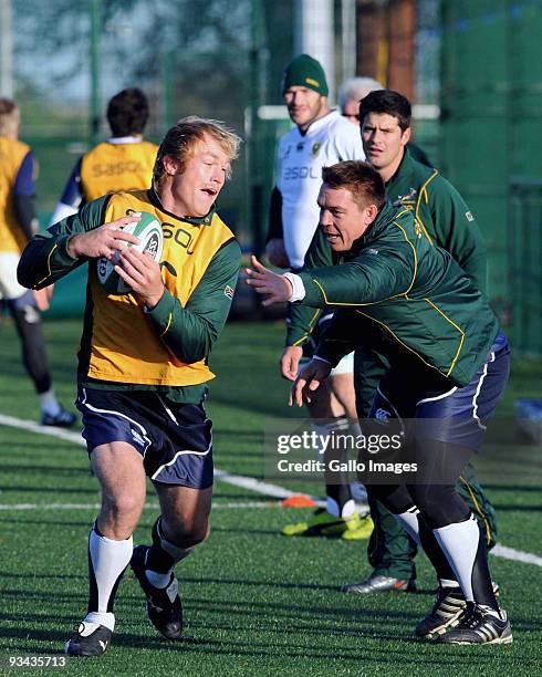 Schalk Burger and John Smit of South Africa in action during a Springbok training session at University College Dublin on November 26, 2009 in...