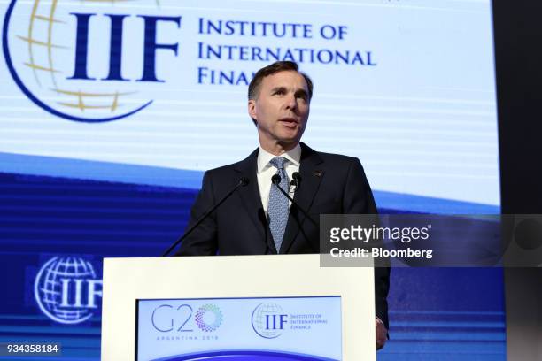William Morneau, Canada's minister of finance, speaks during the Institute of International Finance G20 Conference in Buenos Aires, Argentina, on...