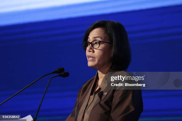 Sri Mulyani Indrawati, Indonesia's minster of finance, speaks during the Institute of International Finance G20 Conference in Buenos Aires,...