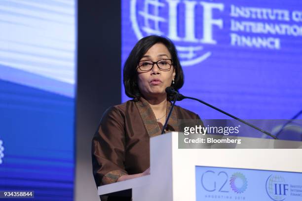 Sri Mulyani Indrawati, Indonesia's minster of finance, speaks during the Institute of International Finance G20 Conference in Buenos Aires,...