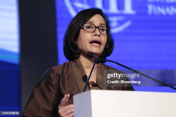 Sri Mulyani Indrawati, Indonesia's minster of finance, speaks during the Institute of International Finance G20 Conference in Buenos Aires,...