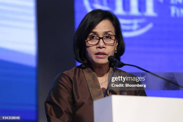 Sri Mulyani Indrawati, Indonesia's minster of finance, speaks during the Institute of International Finance G20 Conference in Buenos Aires,...