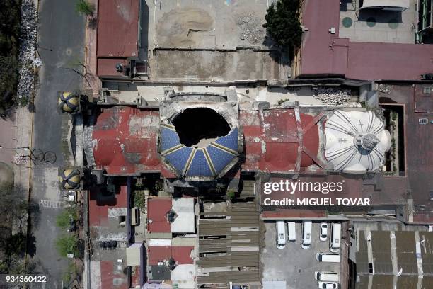 This aerial picture taken on March 18 shows a Catholic church which was damaged during the September 19, 2017 earthquake at Laredo street in Mexico...