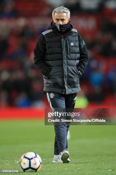 Man Utd manager Jose Mourinho looks on ahead of The Emirates FA Cup Quarter Final match between Manchester United and Brighton and Hove Albion at Old...