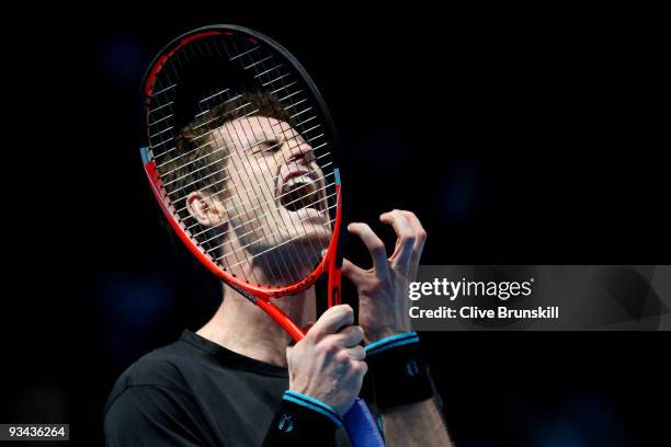 Andy Murray of Great Britain reacts during the men's singles round robin match against Fernando Verdasco of Spain during the Barclays ATP World Tour...