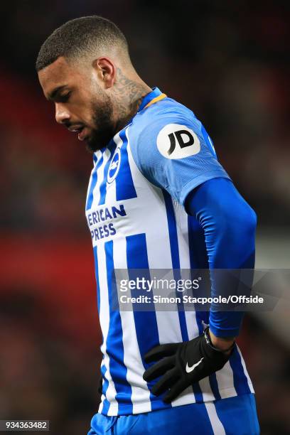 Jurgen Locadia of Brighton looks dejected during The Emirates FA Cup Quarter Final match between Manchester United and Brighton and Hove Albion at...
