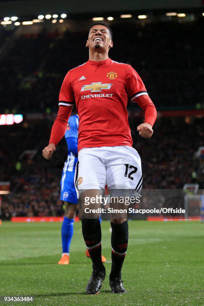 Chris Smalling of Man Utd looks dejected during The Emirates FA Cup Quarter Final match between Manchester United and Brighton and Hove Albion at Old...