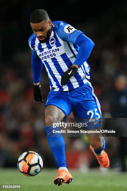 Jurgen Locadia of Brighton in action during The Emirates FA Cup Quarter Final match between Manchester United and Brighton and Hove Albion at Old...