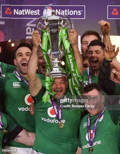 London , United Kingdom - 17 March 2018; Ireland captain Rory Best lifts the Six Nations trophy following the NatWest Six Nations Rugby Championship...