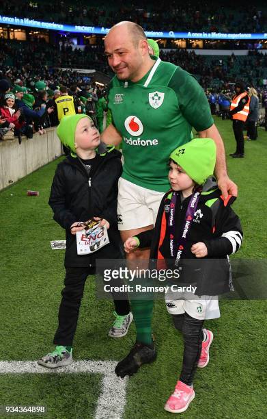 London , United Kingdom - 17 March 2018; Rory Best of Ireland with children Ben and Penny following the NatWest Six Nations Rugby Championship match...