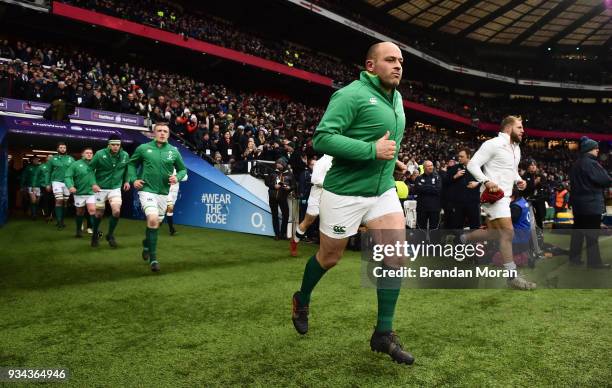 London , United Kingdom - 17 March 2018; Ireland captain Rory Best leads his side out prior to the NatWest Six Nations Rugby Championship match...