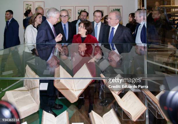 Vice-president of the government of Spain Soraya Saez de Santamaria attends the 'Cosmos' exhibition at National Library of Spain on March 19, 2018 in...