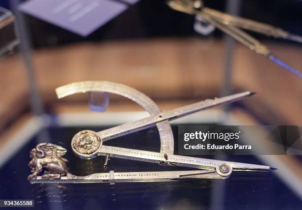 An old compass is exhibited at the 'Cosmos' exhibition at the National Library of Spain on March 19, 2018 in Madrid, Spain.