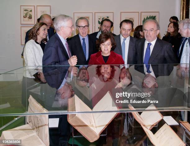 Vice-president of the government of Spain Soraya Saez de Santamaria attends the 'Cosmos' exhibition at National Library of Spain on March 19, 2018 in...