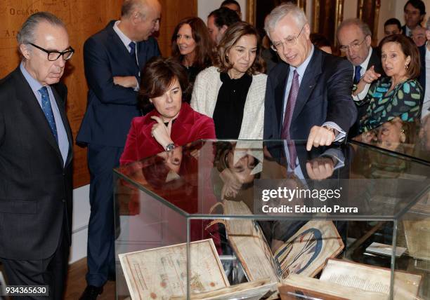 Vice-president of the government of Spain Soraya Saez de Santamaria attends the 'Cosmos' exhibition at National Library of Spain on March 19, 2018 in...