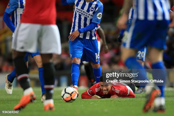 Chris Smalling of Man Utd watches the ball roll away from him during The Emirates FA Cup Quarter Final match between Manchester United and Brighton...