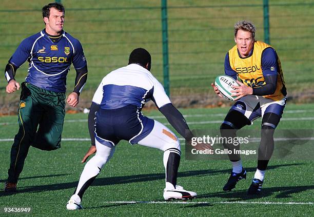 Tendai Mtawarira and Jean de Villiers of South Africa in action during a Springbok training session at University College Dublin on November 26, 2009...