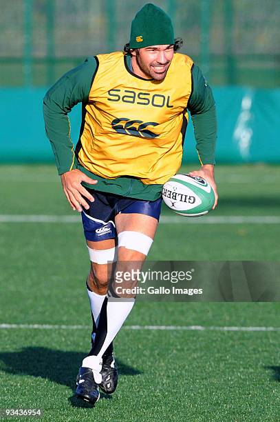 Victor Matfield of South Africa in action during a Springbok training session at University College Dublin on November 26, 2009 in Dublin, Ireland....