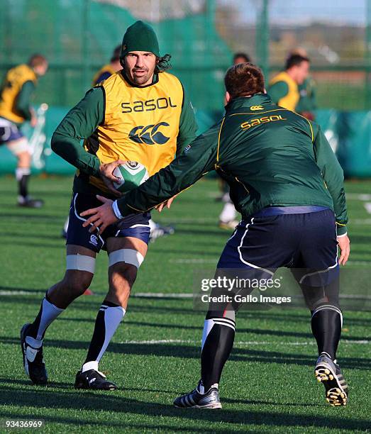 Victor Matfield and John Smit of South Africa in action during a Springbok training session at University College Dublin on November 26, 2009 in...