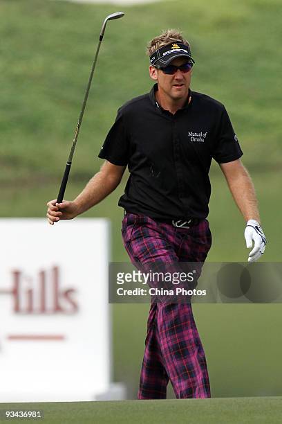 Ian Poulter of England in action during Fourball on the first day of the Omega Mission Hills World Cup on the Olazabal course on November 26, 2009 in...