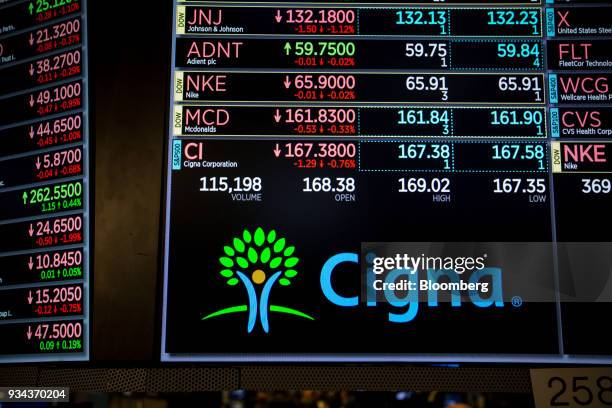 Monitor displays Cigna Corp. Signage on the floor of the New York Stock Exchange in New York, U.S., on Monday, March 19, 2018. Stocks declined...