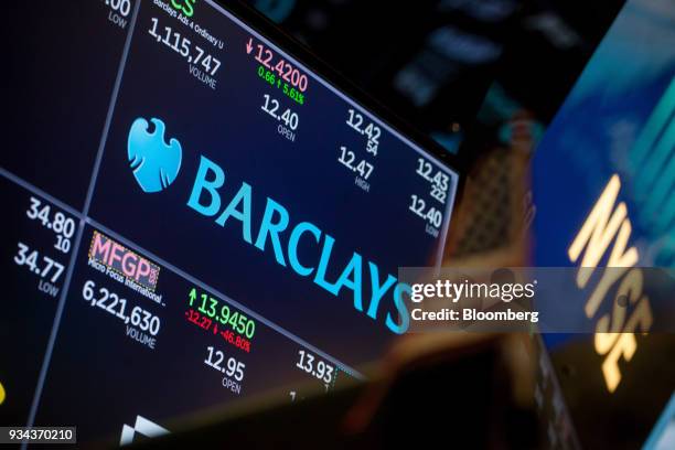 Monitor displays Barclays PLC signage on the floor of the New York Stock Exchange in New York, U.S., on Monday, March 19, 2018. Stocks declined...