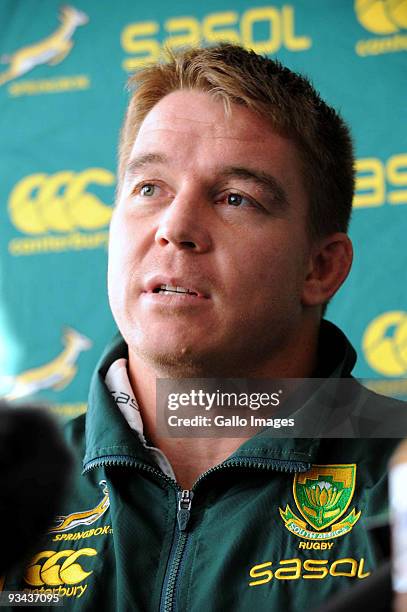 John Smit of South Africa speaks to the media during a press conference at the Burlington Hotel on November 26, 2009 in Dublin, Ireland.