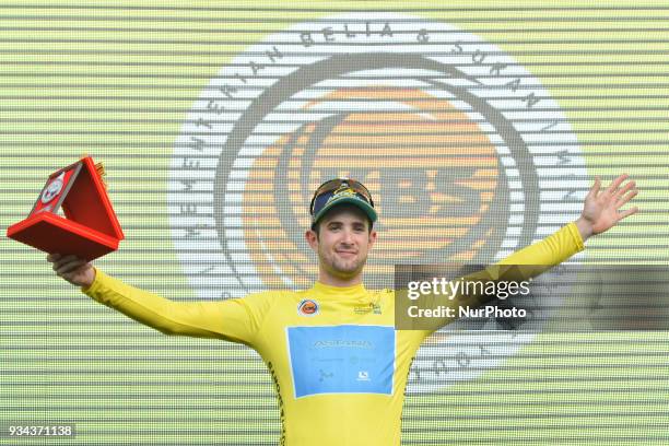 Italian cyclist Riccardo Minali from Astana Pro Team in the Green Best Sprinter Jersey during the Awards Ceremony after he wins the second stage, a...
