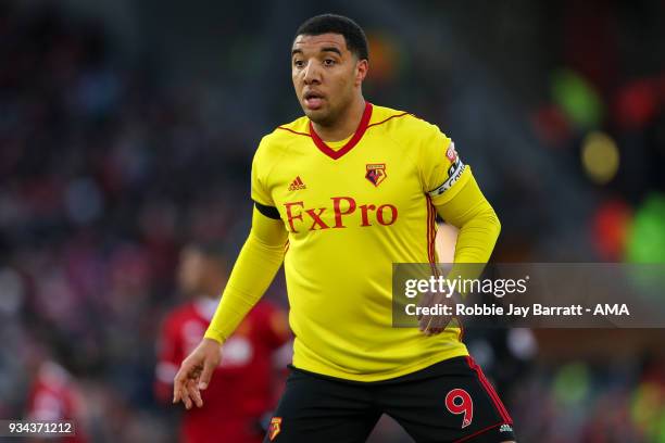 Troy Deeney of Watford during the Premier League match between Liverpool and Watford at Anfield on March 17, 2018 in Liverpool, England.